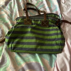 Rooney and Bourke Green and Blue Striped Purse with a hot pink lining